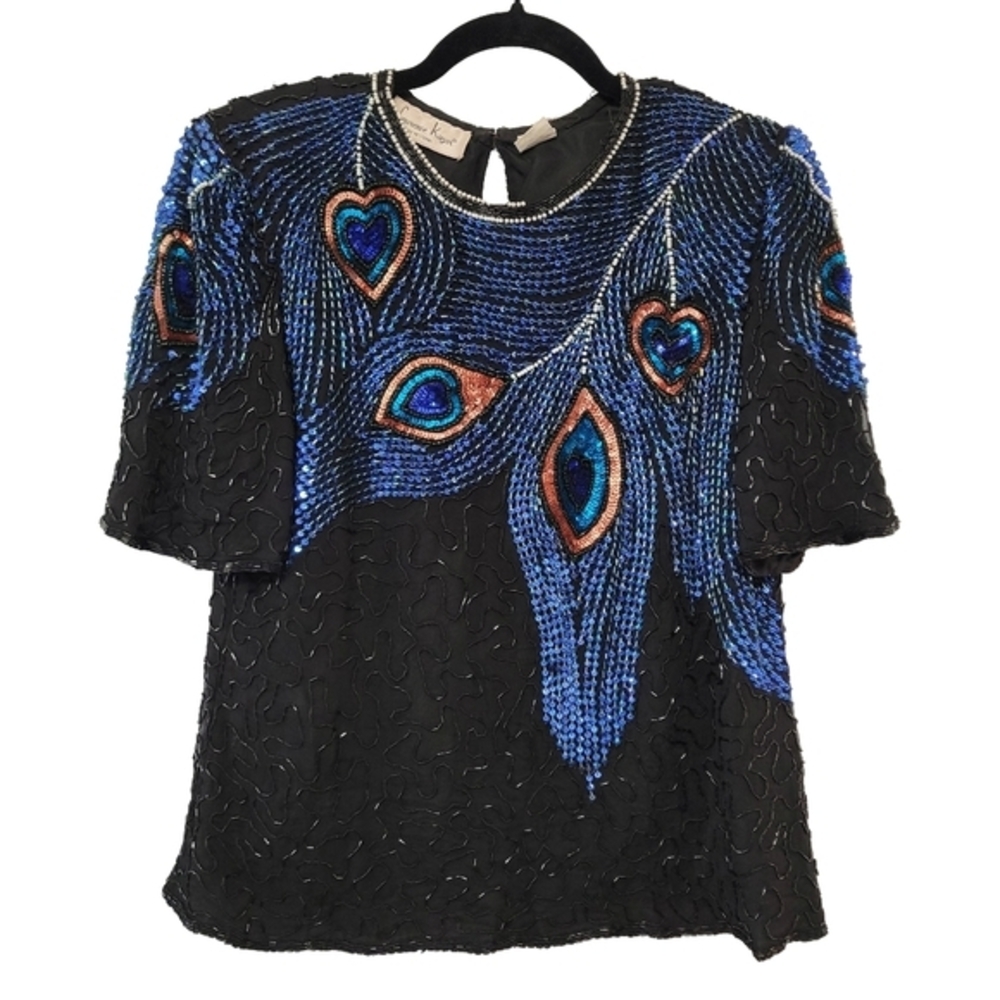 Laurence Kazar Vintage Women's Sequined Beaded Silk‎ Top Sz Petite L Peacock 80s